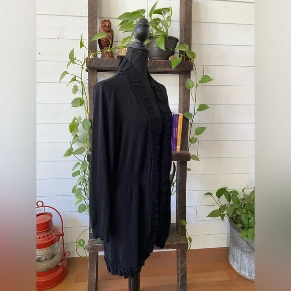 Valerie Steven’s: Elegant Black Open-Front Cardigan Sweater with Ruffle Trim - Picture 10 of 17